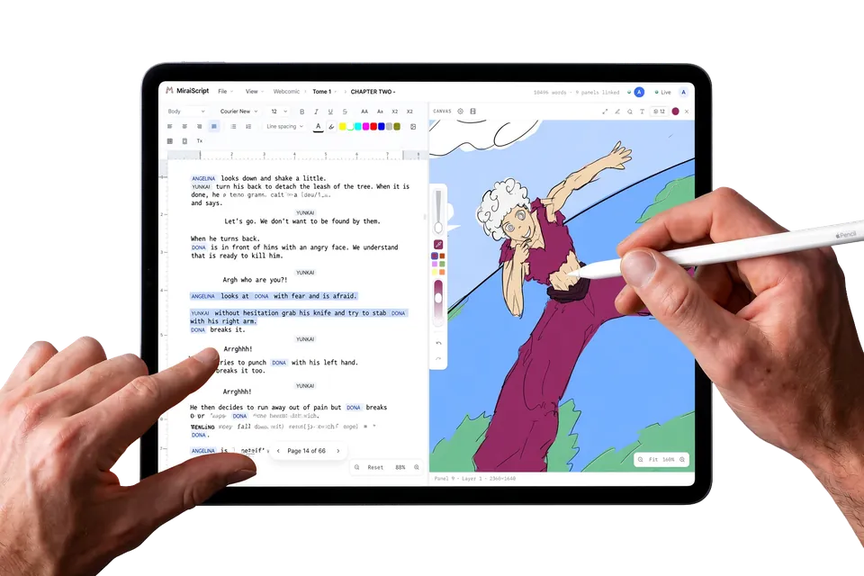 MiraiDraft on an iPad: drawing the linked panel with a pencil while the script stays open