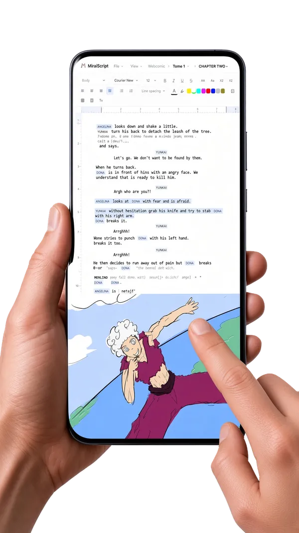 MiraiDraft on a phone: the same chapter, the script above its panel