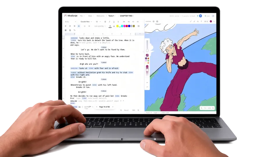 MiraiDraft on a MacBook: the script beside the drawing canvas, hands on the keyboard